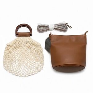 Brown Faux Leather Bucket Bag with Cream Net Bag by T-Shirt & Jeans